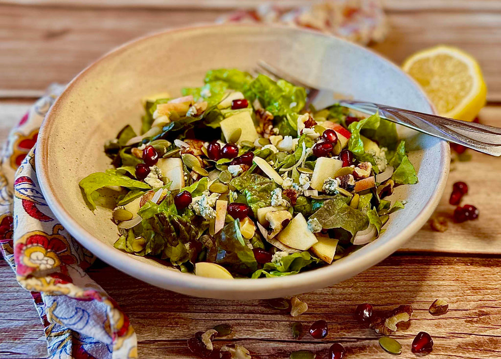 APPLE POMEGRANATE SALAD W/ BLUE CHEESE AND SHALLOTS
