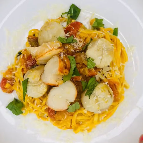 image of plated harissa and mango linguine