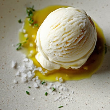 olive oil on ice cream in a bowl